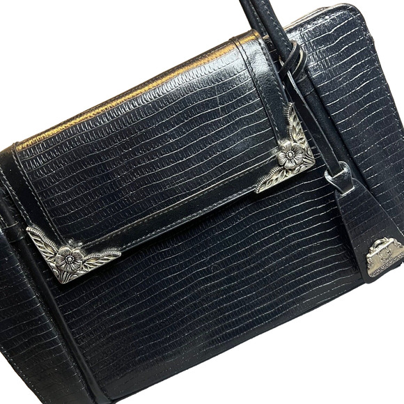 Marc Chantel MC Shoulder Bag Purse Womens Black Embossed Leather Silver Flower - Picture 2 of 10